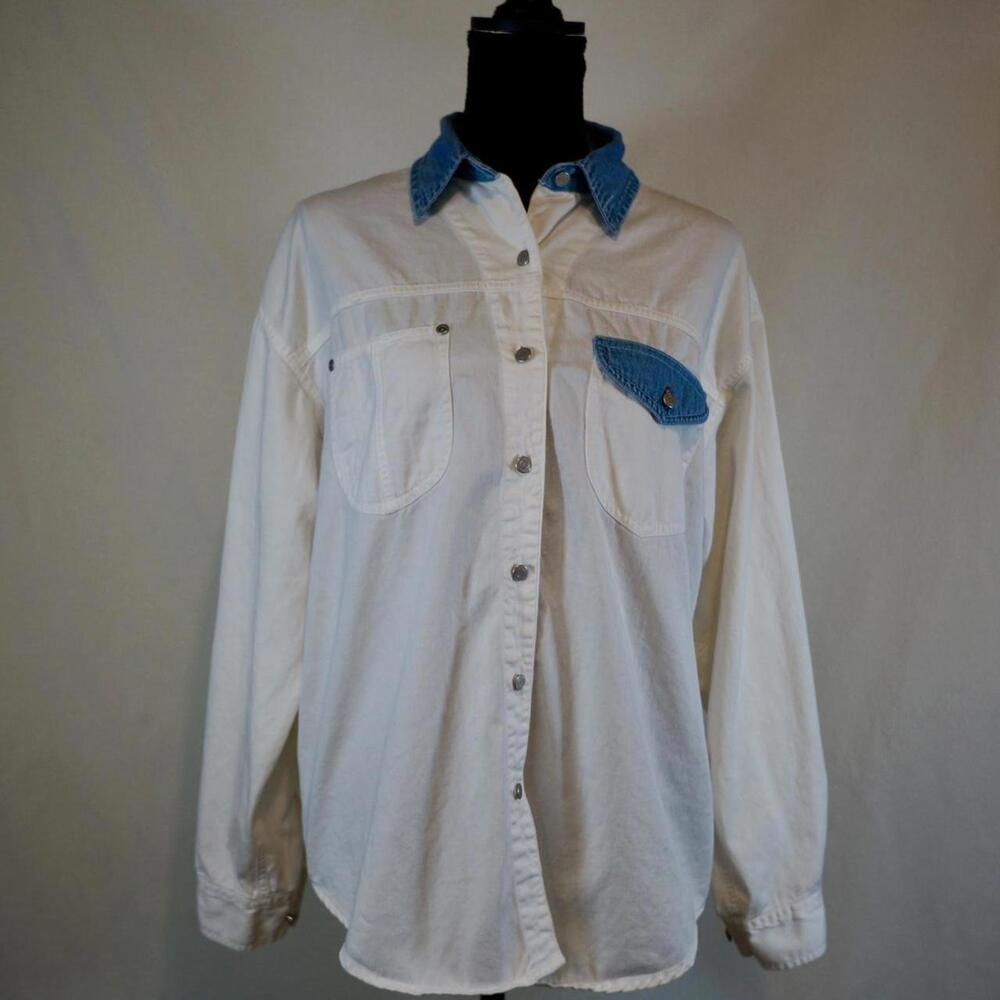 Solutions Vintage White Cotton Shirt with Blue Denim Collar